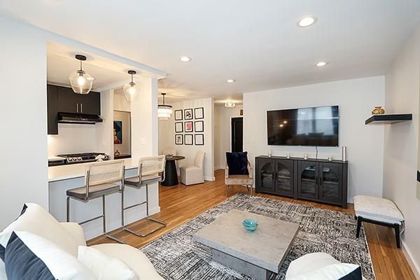 Dining room, Interior, Kitchen, Living room, Pendant Lights, Recessed Lighting, Wood Texture Flooring