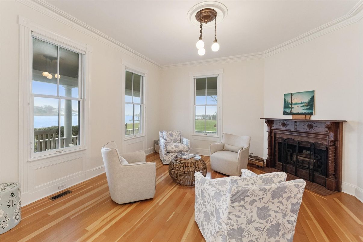 Fireplace, Interior, Living room, Pendant Lights, Water, Wood Texture Flooring