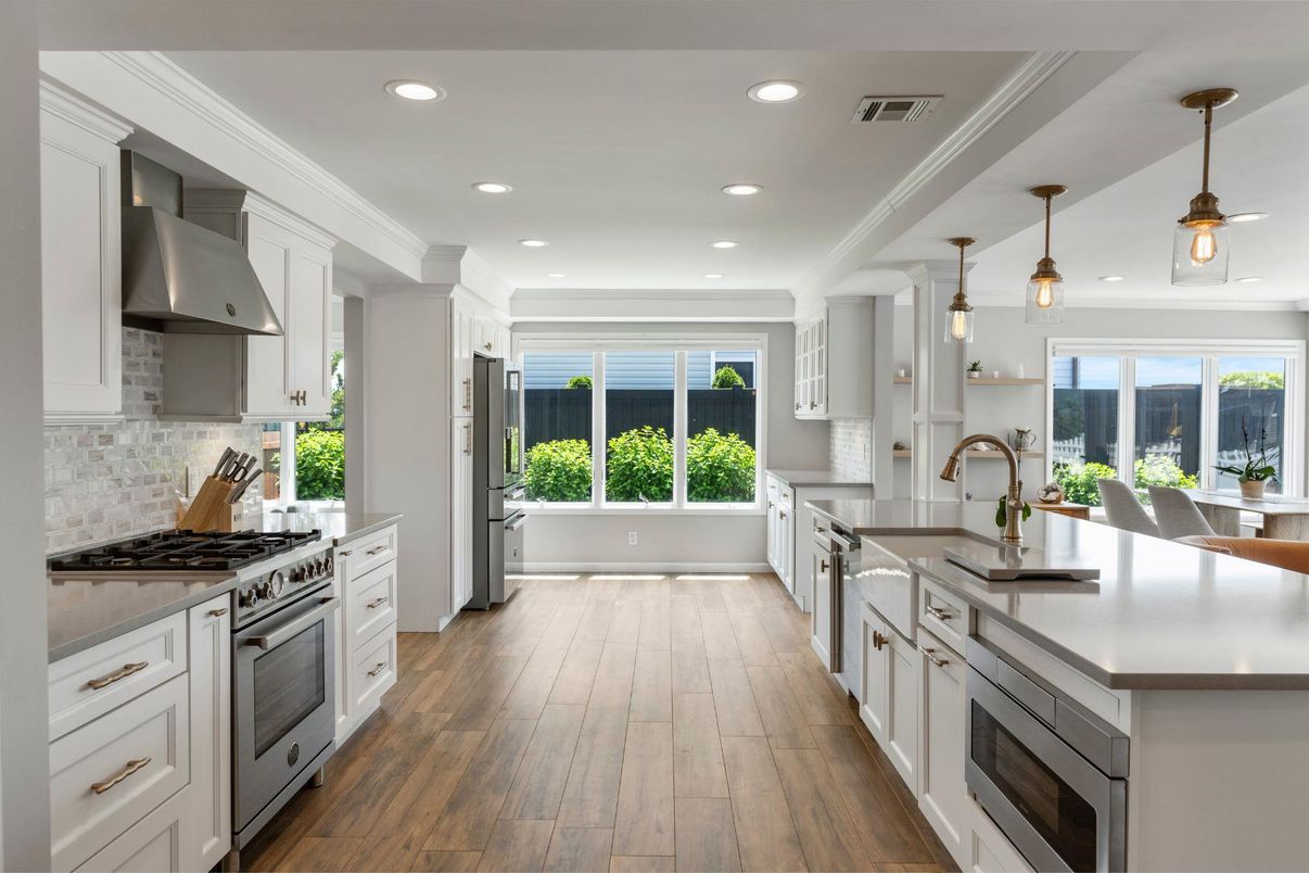 Interior, Kitchen, Pendant Lights, Recessed Lighting, Stainless Steel Appliances, Wood Texture Flooring