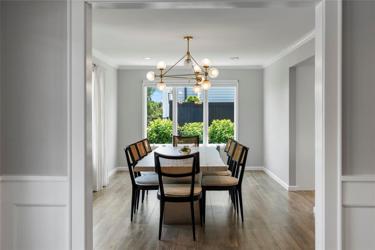 Dining room, Interior, Pendant Lights, Wood Texture Flooring