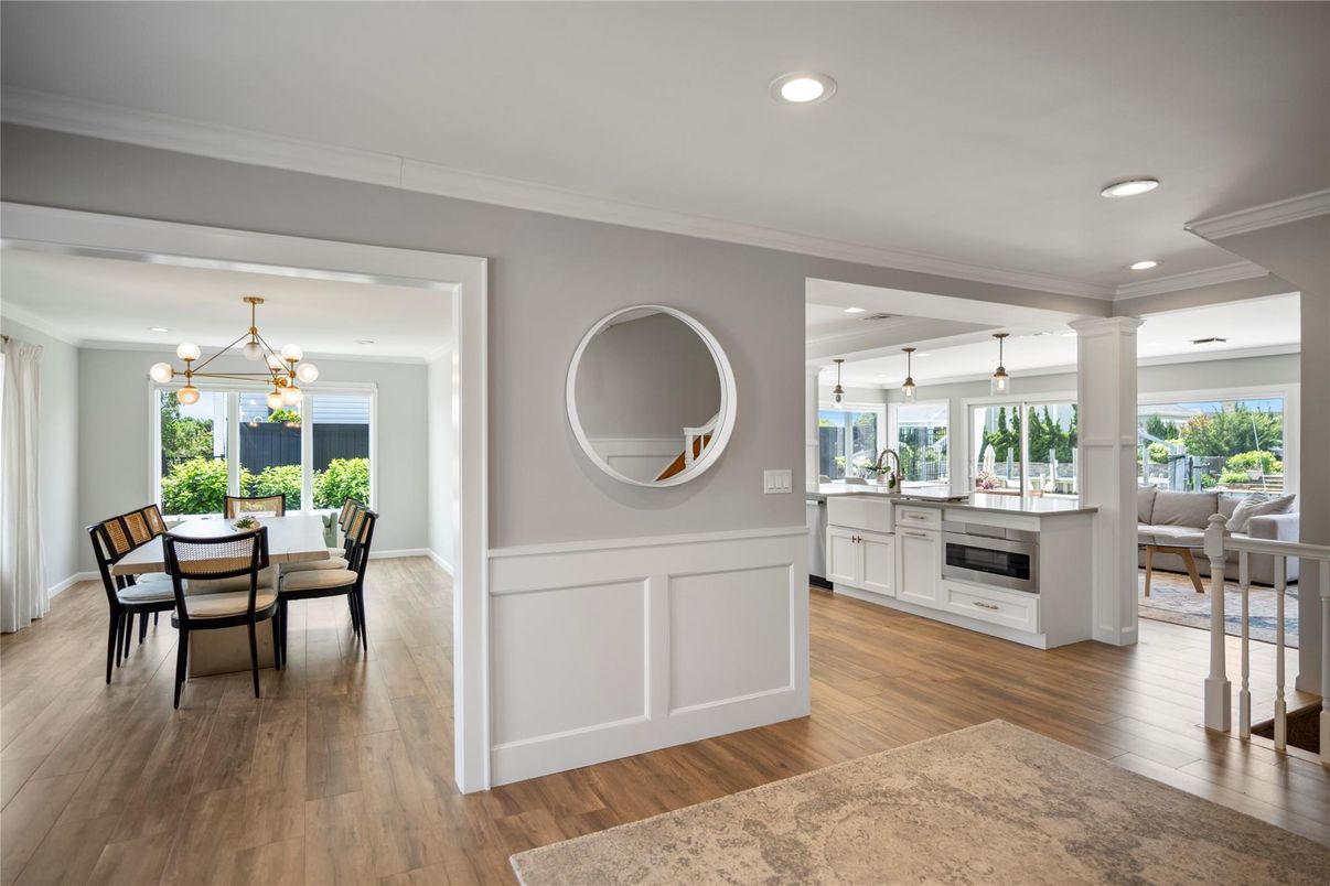 Dining room, Interior, Pendant Lights, Recessed Lighting, Wood Texture Flooring