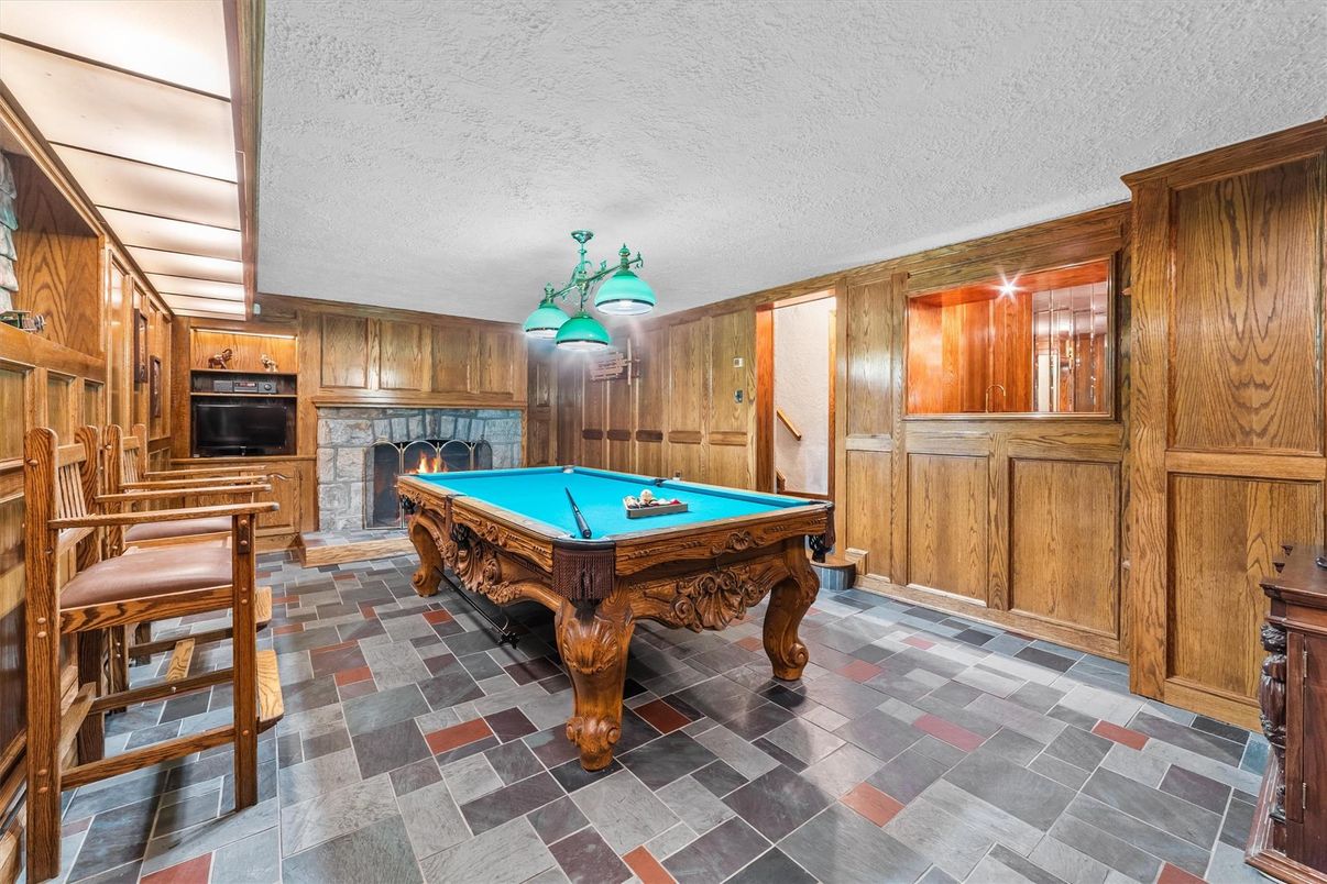 Billiard Table, Fireplace, Game Room, Interior, Wooden Walls