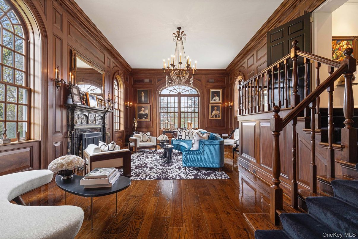 Chandelier, Fireplace, Interior, Living room, Wood Texture Flooring, Wooden Walls