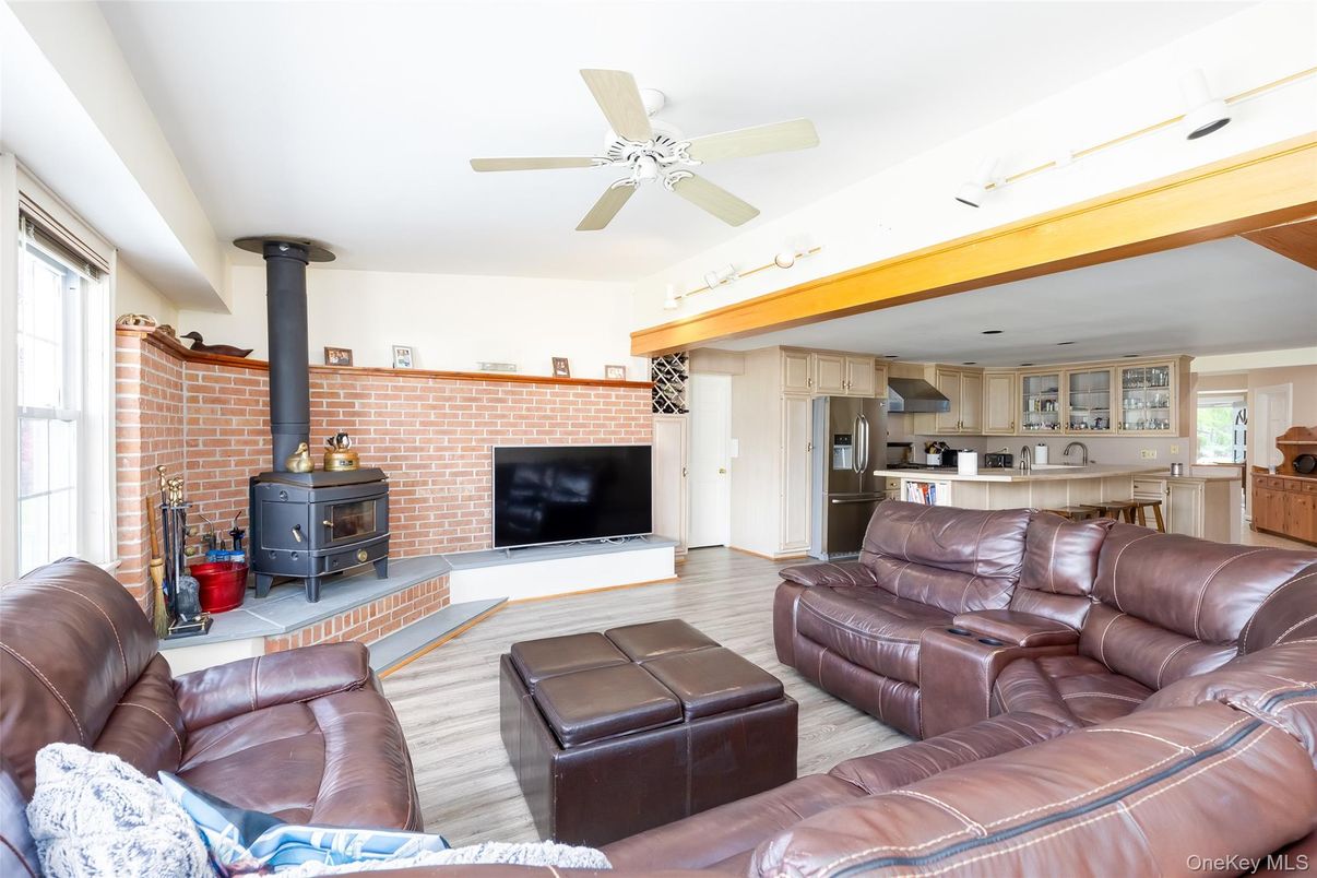 Fireplace, Interior, Kitchen, Living room, Stone Walls, Wood Texture Flooring