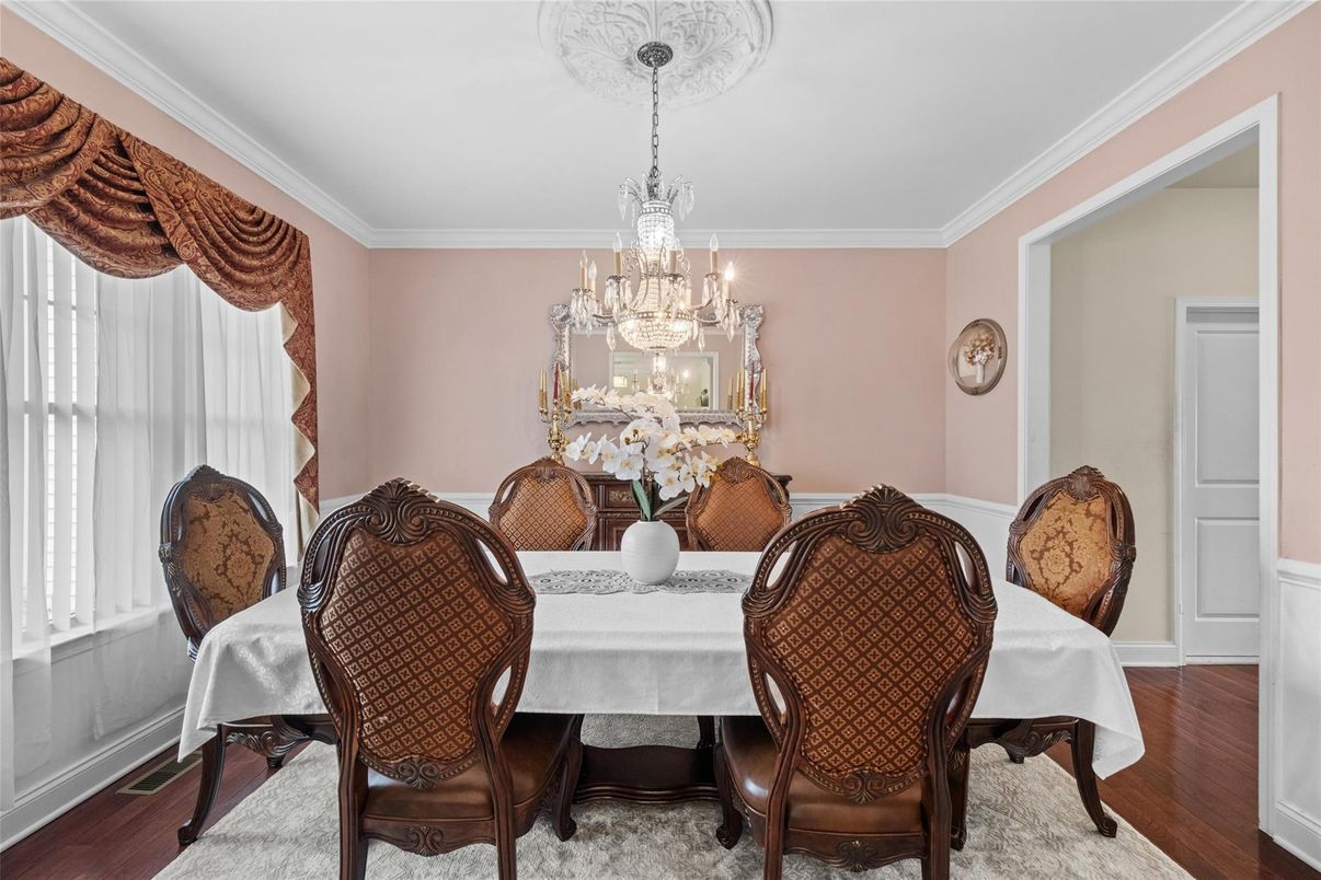 Chandelier, Dining room, Interior, Wood Texture Flooring