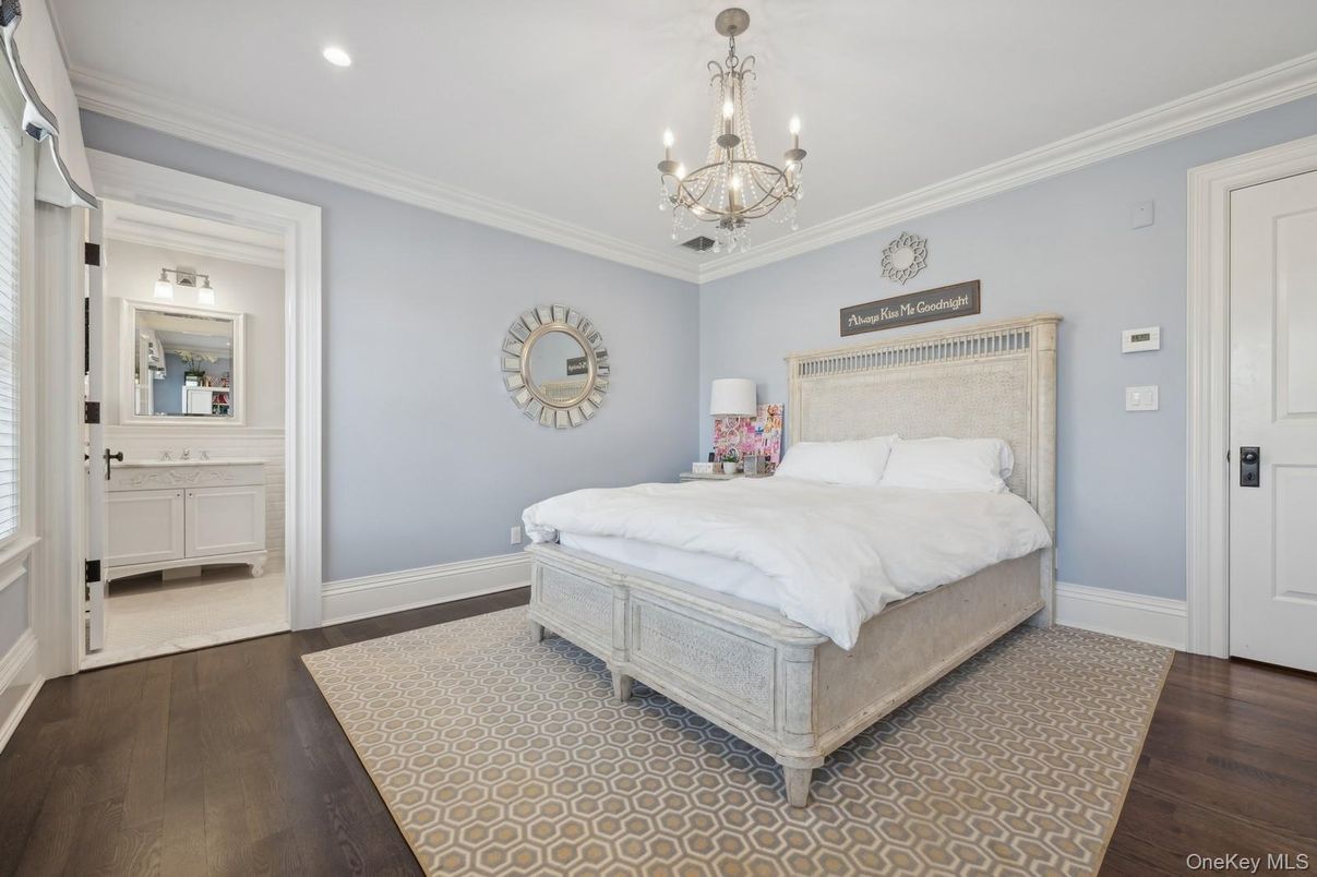 Bedroom, Chandelier, Interior, Recessed Lighting, Wood Texture Flooring