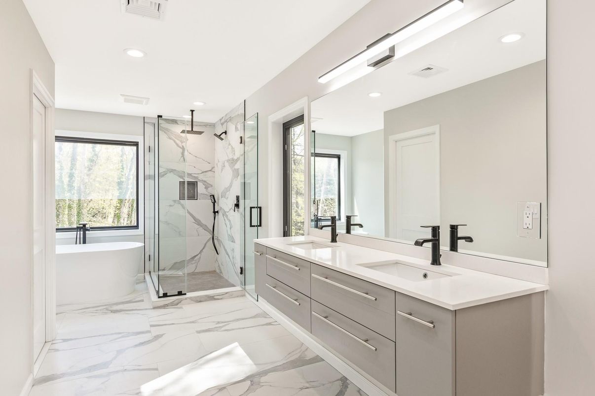 Bathroom, Dual Sink Vanities, Free Standing Baths, Glass Shower, Interior, Marble, Marble Walls, Recessed Lighting