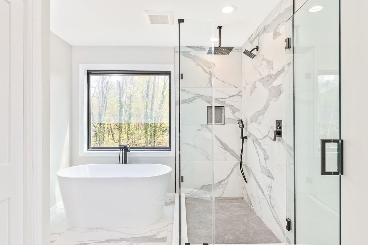Bathroom, Free Standing Baths, Glass Shower, Interior, Marble, Marble Walls, Recessed Lighting