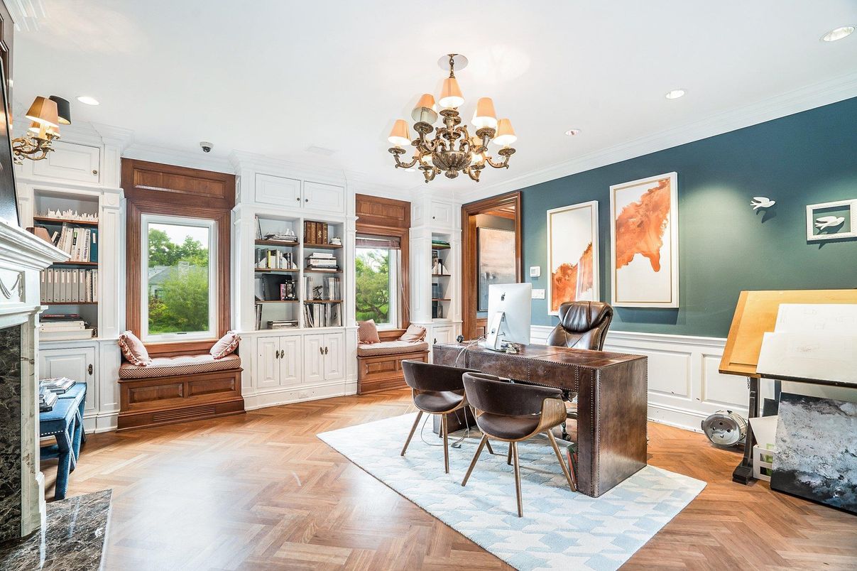 Chandelier, Home Office, Interior, Recessed Lighting, Wood Texture Flooring
