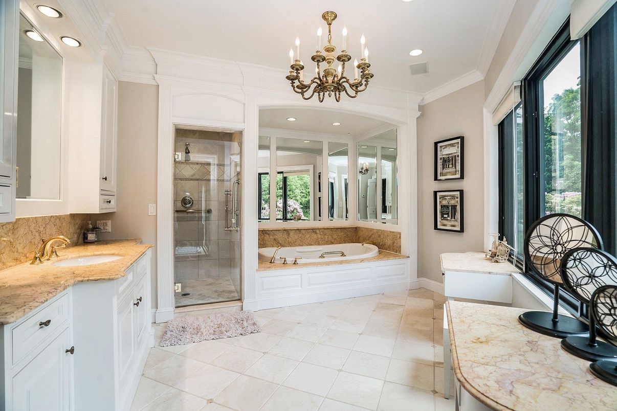 Bathroom, Chandelier, Dual Sink Vanities, Glass Shower, Interior, Recessed Lighting