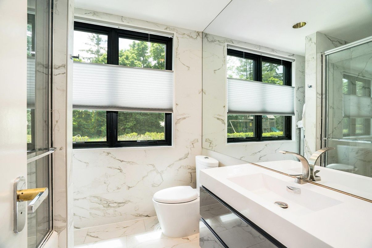 Bathroom, Glass Shower, Interior, Marble, Marble Walls, Recessed Lighting