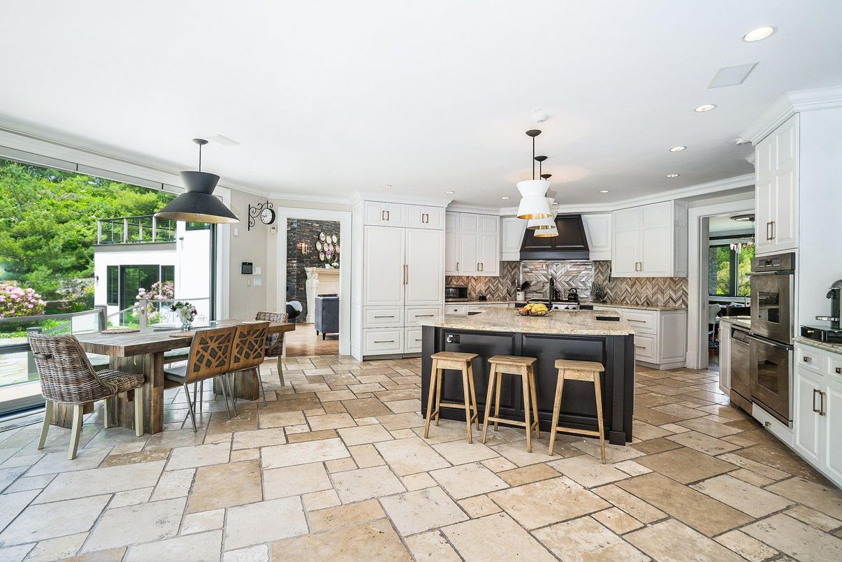 Dining room, Fireplace, Interior, Kitchen, Pendant Lights, Recessed Lighting, Stainless Steel Appliances