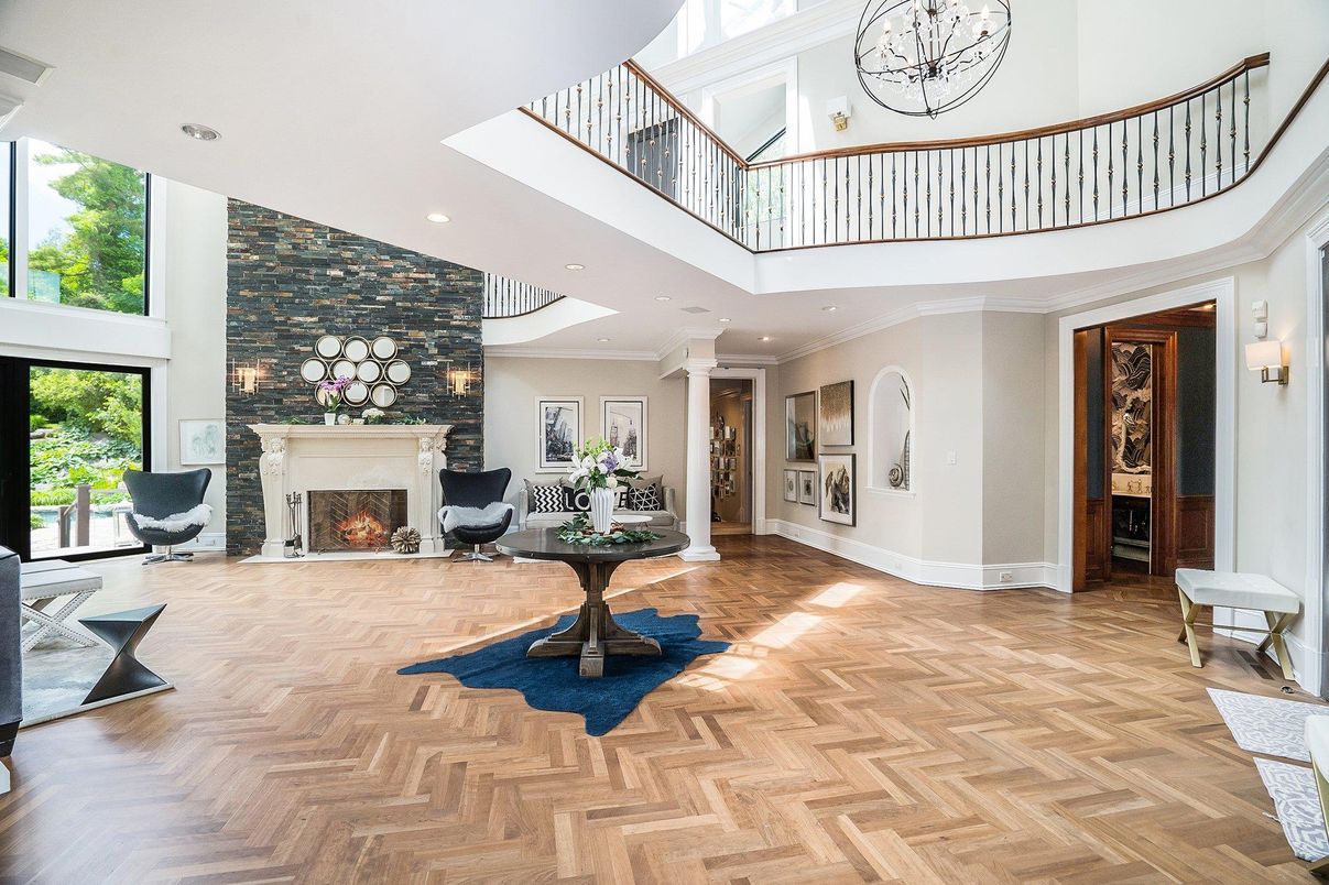 Fireplace, Interior, Recessed Lighting, Stone Walls, Wood Texture Flooring