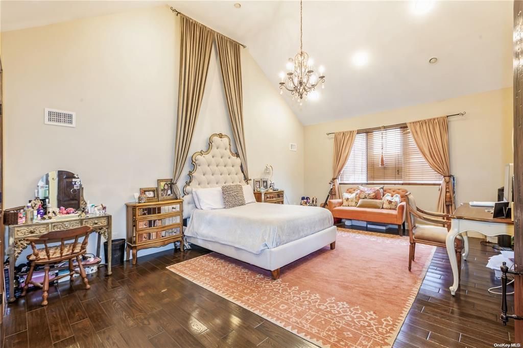 Bedroom, Chandelier, Interior, Recessed Lighting, Wood Texture Flooring