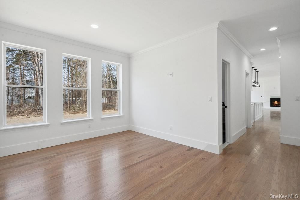 Empty room, Fireplace, Interior, Recessed Lighting, Wood Texture Flooring