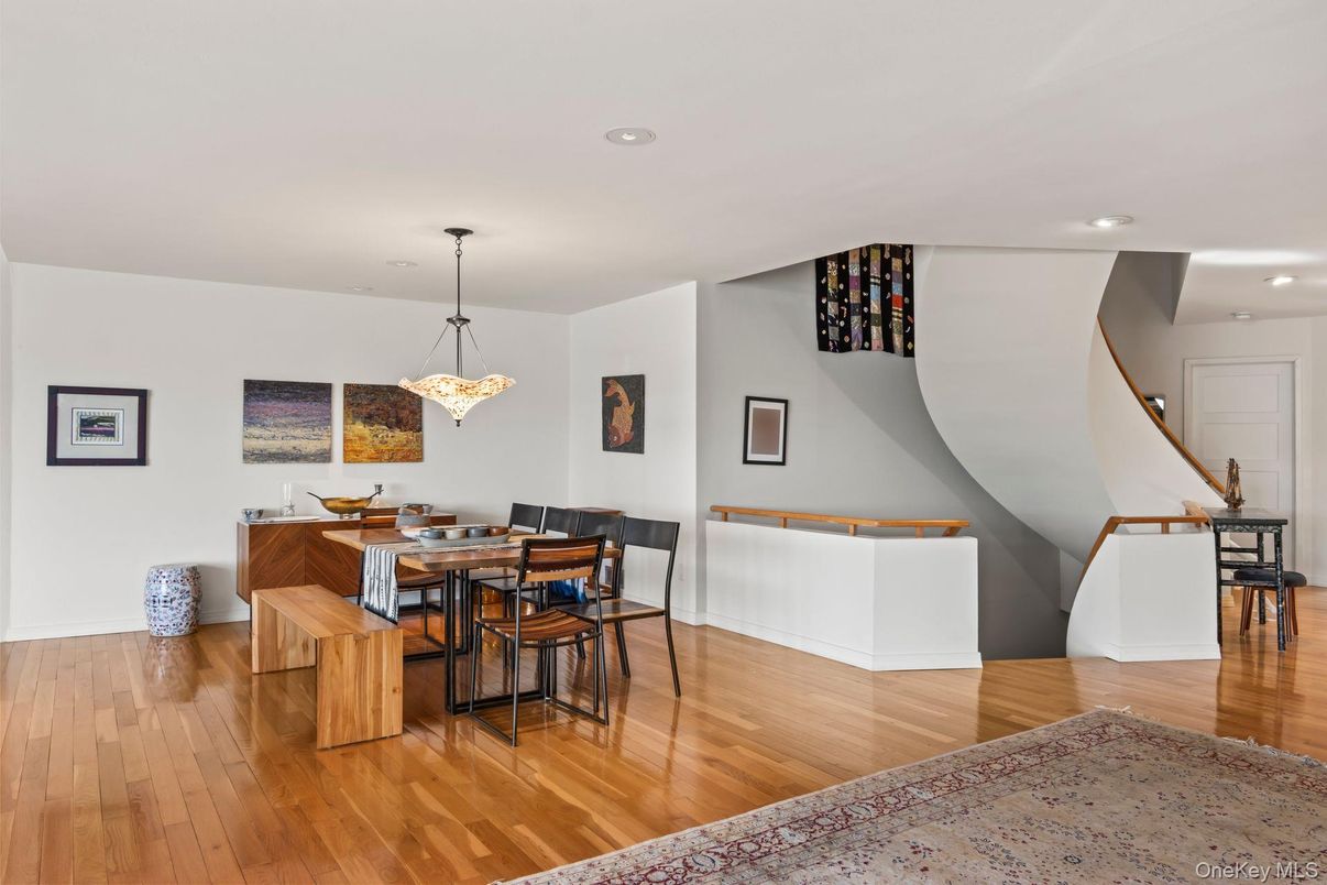Dining room, Interior, Pendant Lights, Recessed Lighting, Wood Texture Flooring