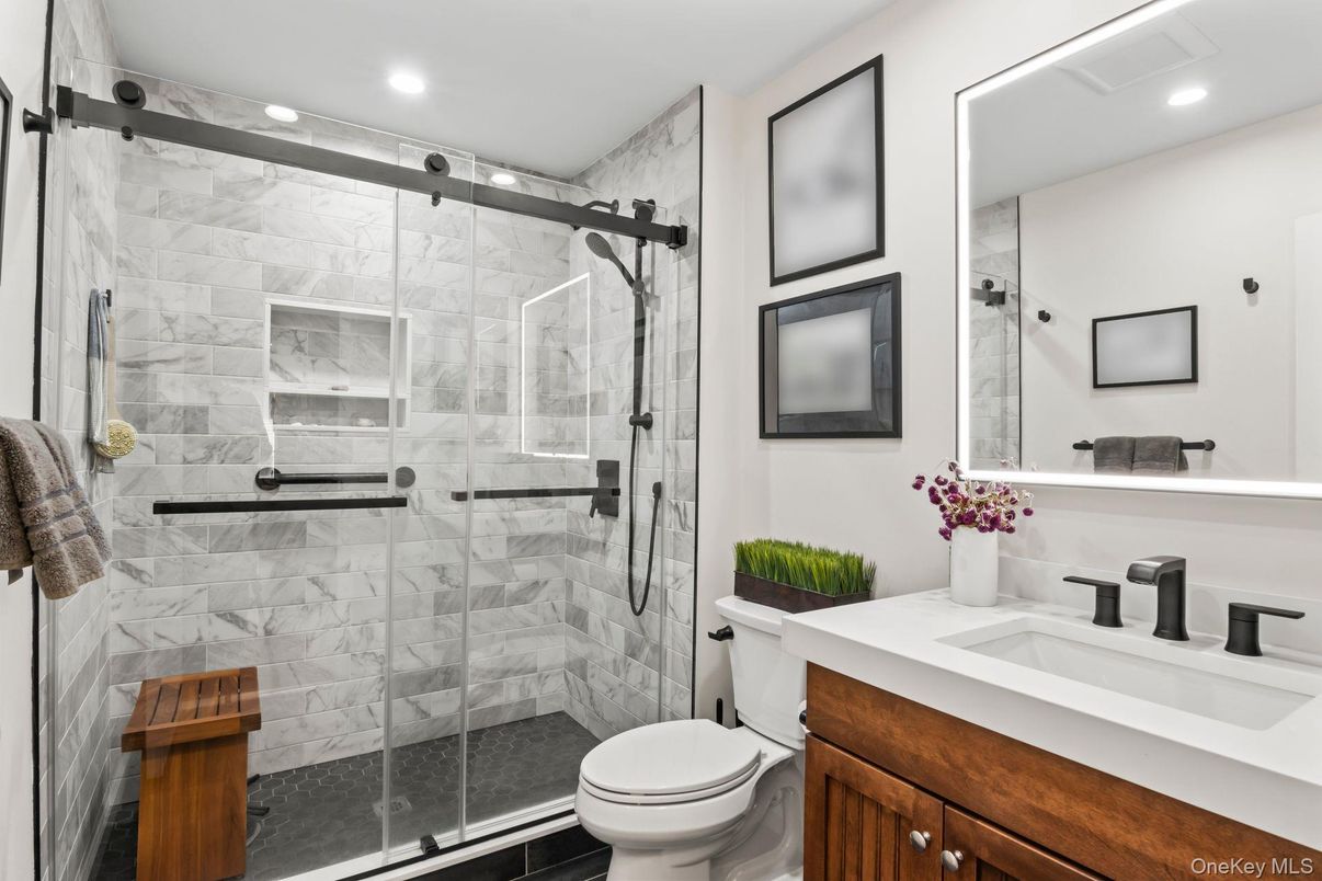 Bathroom, Glass Shower, Interior, Marble Walls, Recessed Lighting
