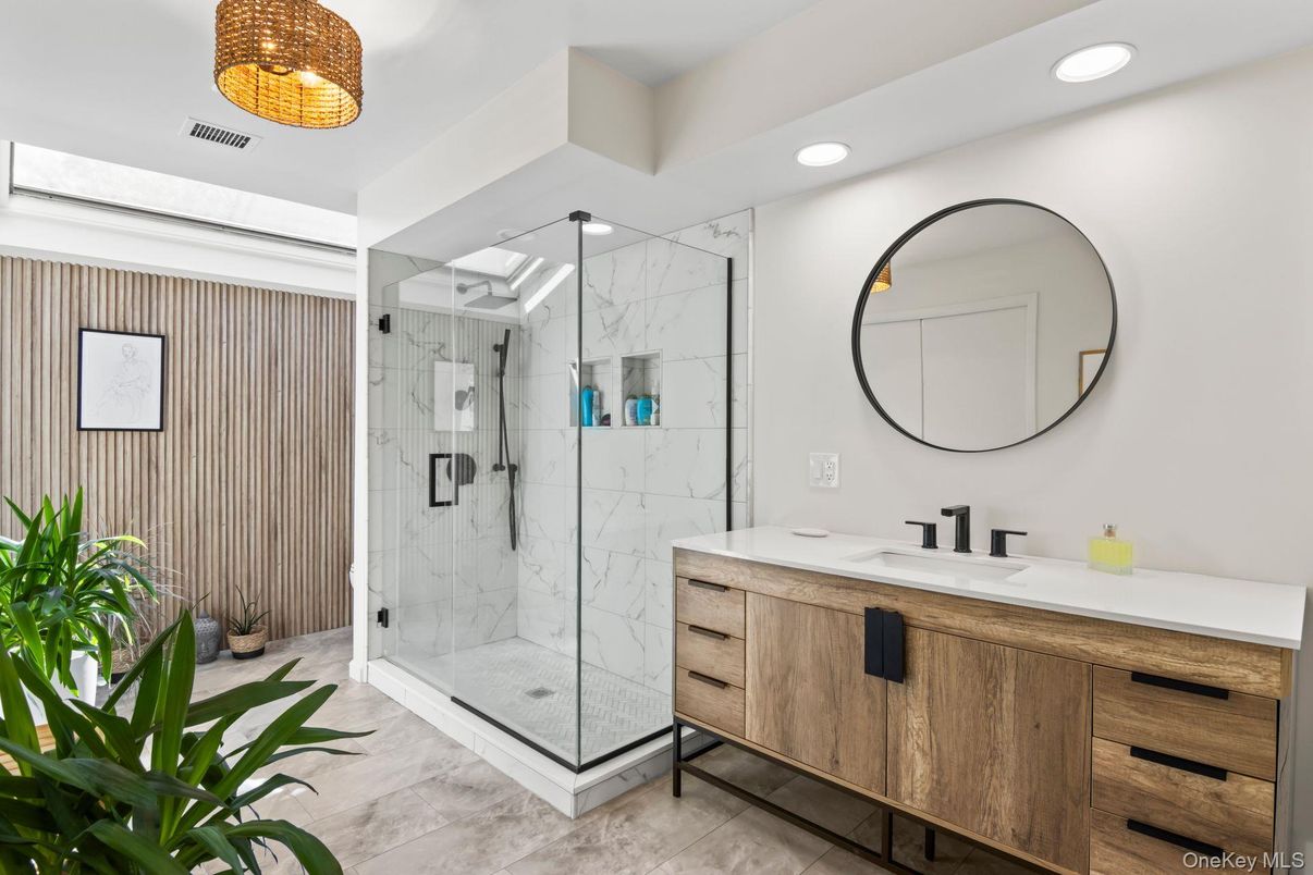 Bathroom, Glass Shower, Interior, Marble Walls, Recessed Lighting