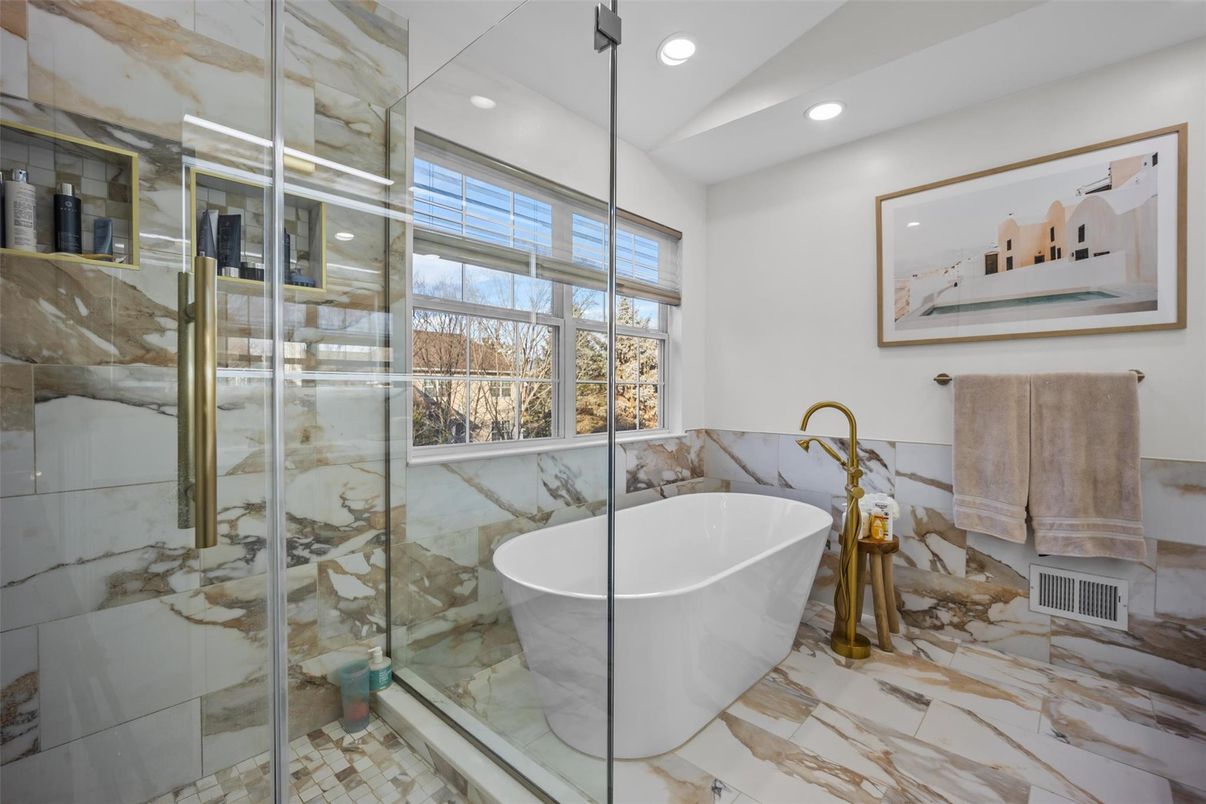 Bathroom, Free Standing Baths, Glass Shower, Interior, Marble, Marble Walls, Recessed Lighting