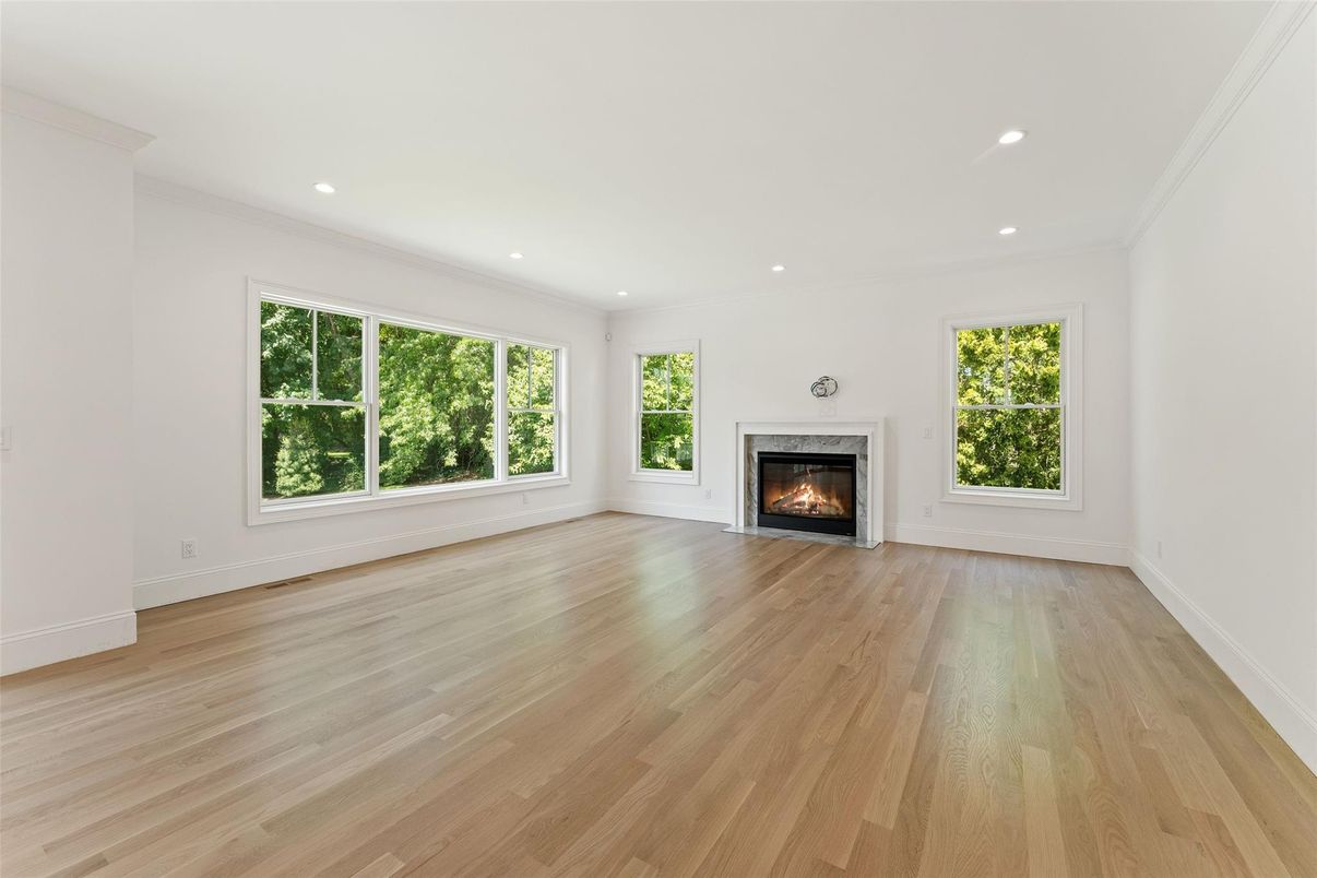 Empty room, Fireplace, Interior, Recessed Lighting, Wood Texture Flooring