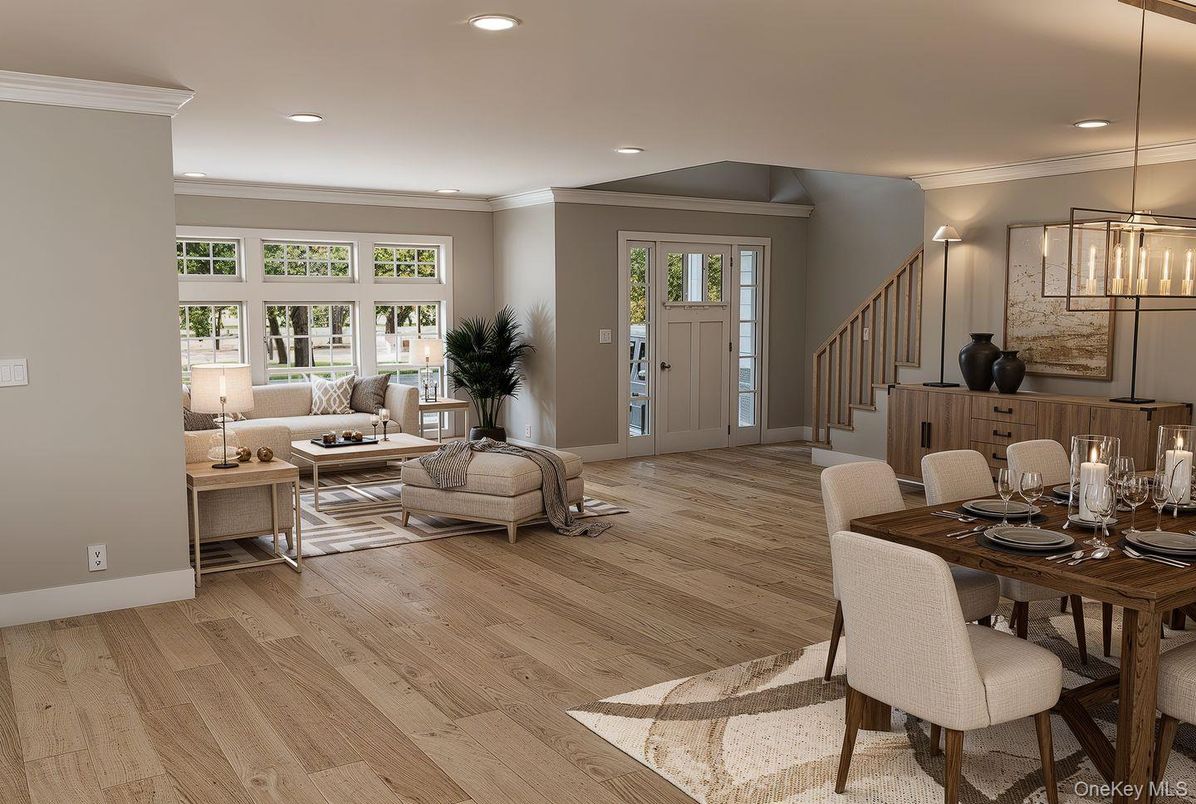 Dining room, Interior, Living room, Pendant Lights, Recessed Lighting, Wood Texture Flooring