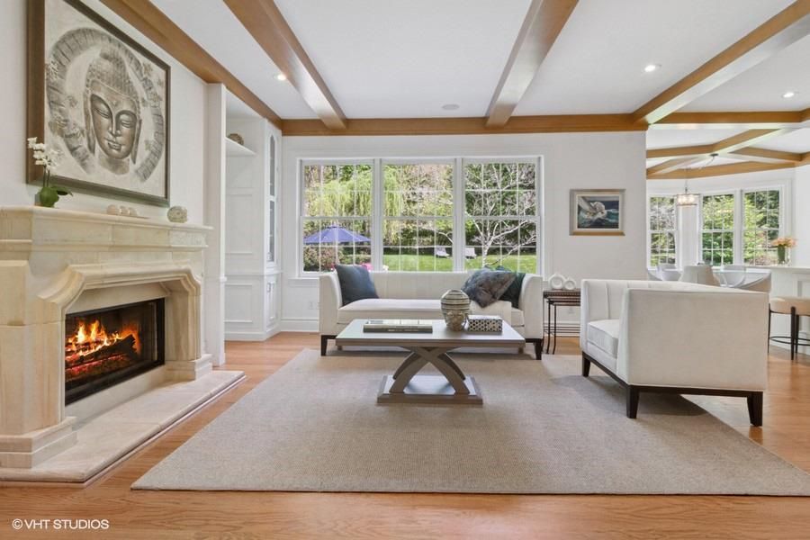 Fireplace, Interior, Living room, Pendant Lights, Recessed Lighting, Wooden Beams, Wood Texture Flooring