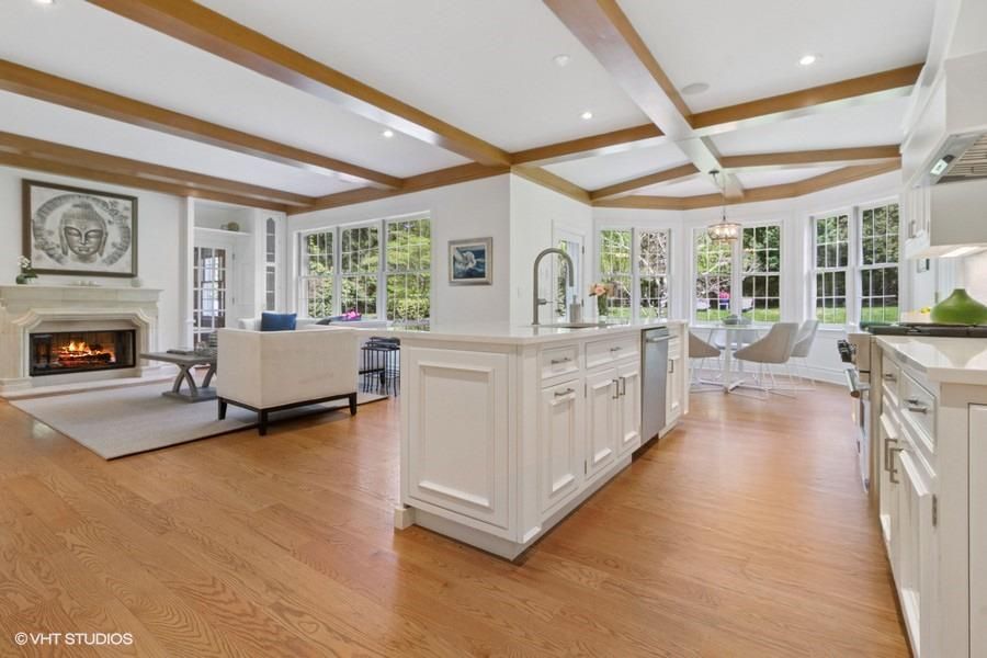 Dining room, Fireplace, Interior, Kitchen, Living room, Pendant Lights, Recessed Lighting, Wooden Beams, Wood Texture Flooring