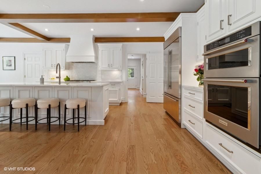 Interior, Kitchen, Recessed Lighting, Stainless Steel Appliances, Wooden Beams, Wood Texture Flooring