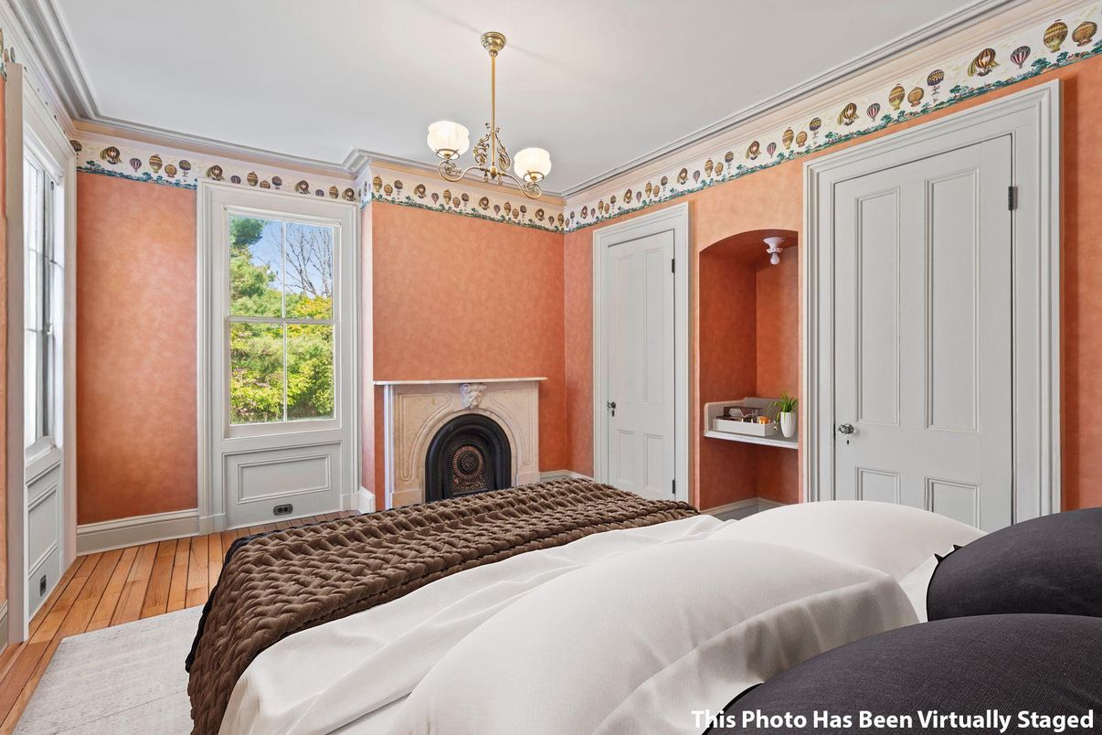 Bedroom, Chandelier, Fireplace, Interior, Pendant Lights, Wood Texture Flooring