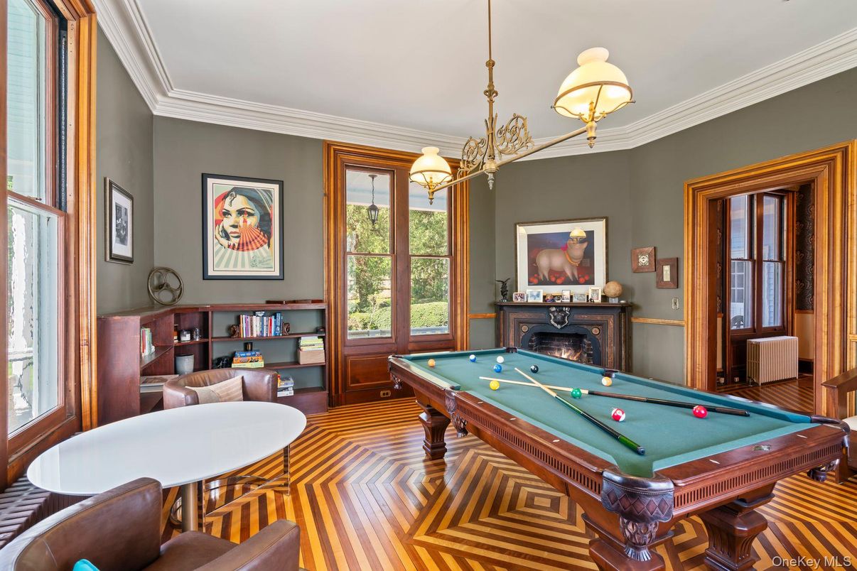 Billiard Table, Chandelier, Fireplace, Game Room, Interior