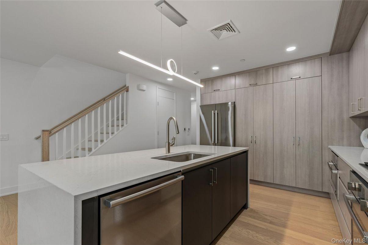 Interior, Kitchen, Pendant Lights, Recessed Lighting, Stainless Steel Appliances, Wood Texture Flooring