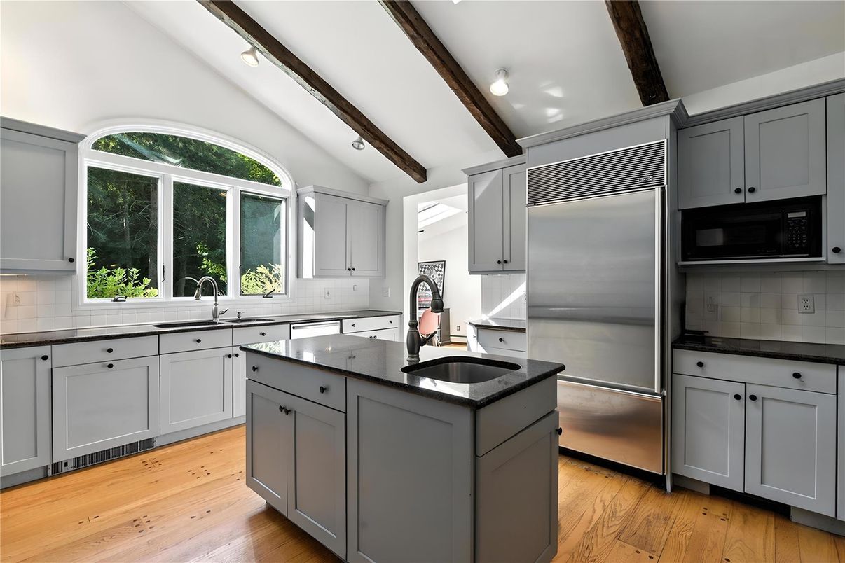 Interior, Kitchen, Stainless Steel Appliances, Wooden Beams, Wood Texture Flooring