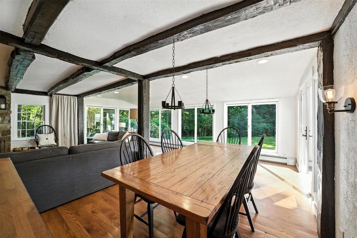 Dining room, Interior, Living room, Pendant Lights, Recessed Lighting, Wooden Beams, Wood Texture Flooring