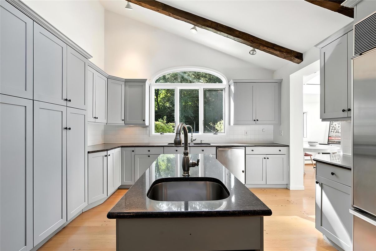 Interior, Kitchen, Recessed Lighting, Stainless Steel Appliances, Wooden Beams, Wood Texture Flooring