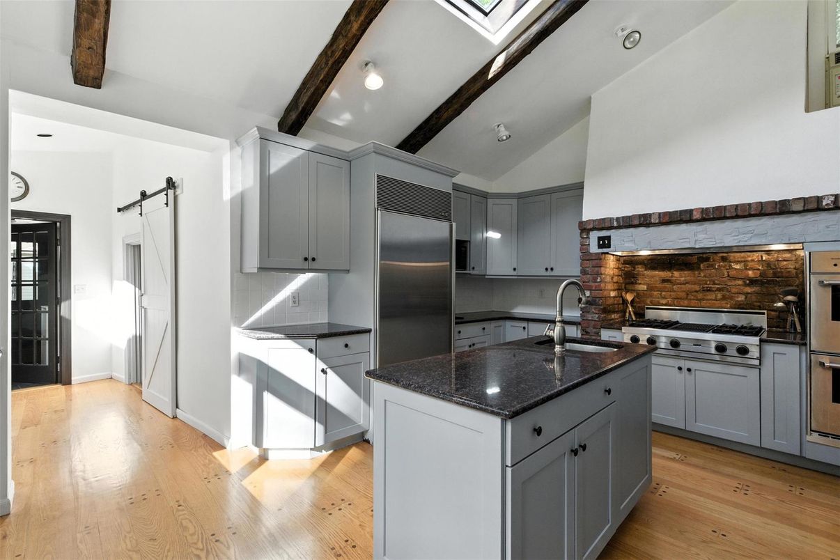 Interior, Kitchen, Recessed Lighting, Stainless Steel Appliances, Wooden Beams, Wood Texture Flooring