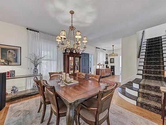 Chandelier, Dining room, Interior, Pendant Lights, Wood Texture Flooring