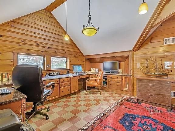 Home Office, Interior, Pendant Lights, Wooden Walls