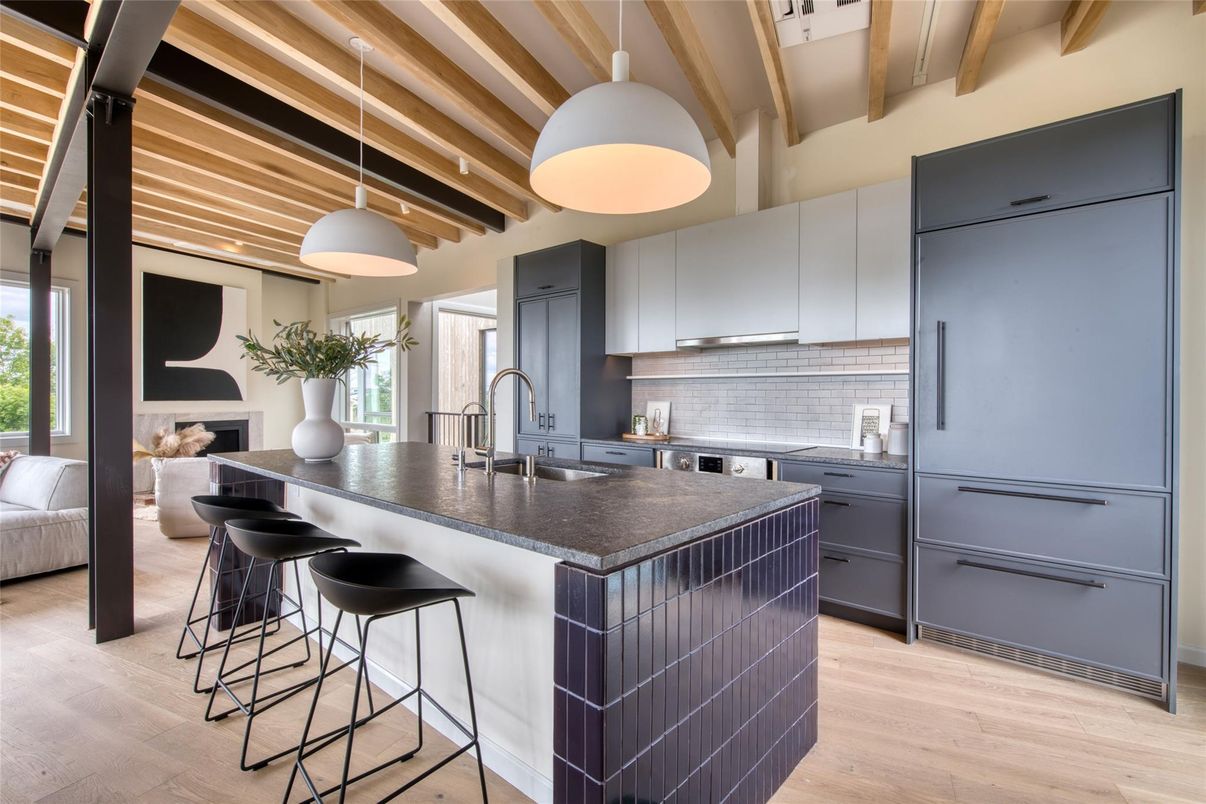 Interior, Kitchen, Pendant Lights, Stainless Steel Appliances, Wooden Beams, Wooden Ceilings, Wood Texture Flooring