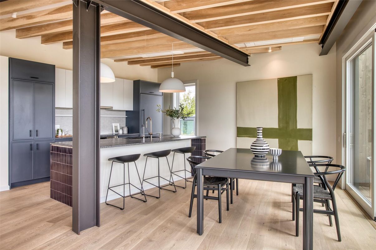 Dining room, Interior, Kitchen, Pendant Lights, Wooden Beams, Wooden Ceilings, Wood Texture Flooring