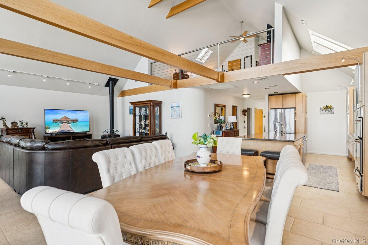 Dining room, Interior, Kitchen, Living room, Recessed Lighting, Stainless Steel Appliances, Wooden Beams
