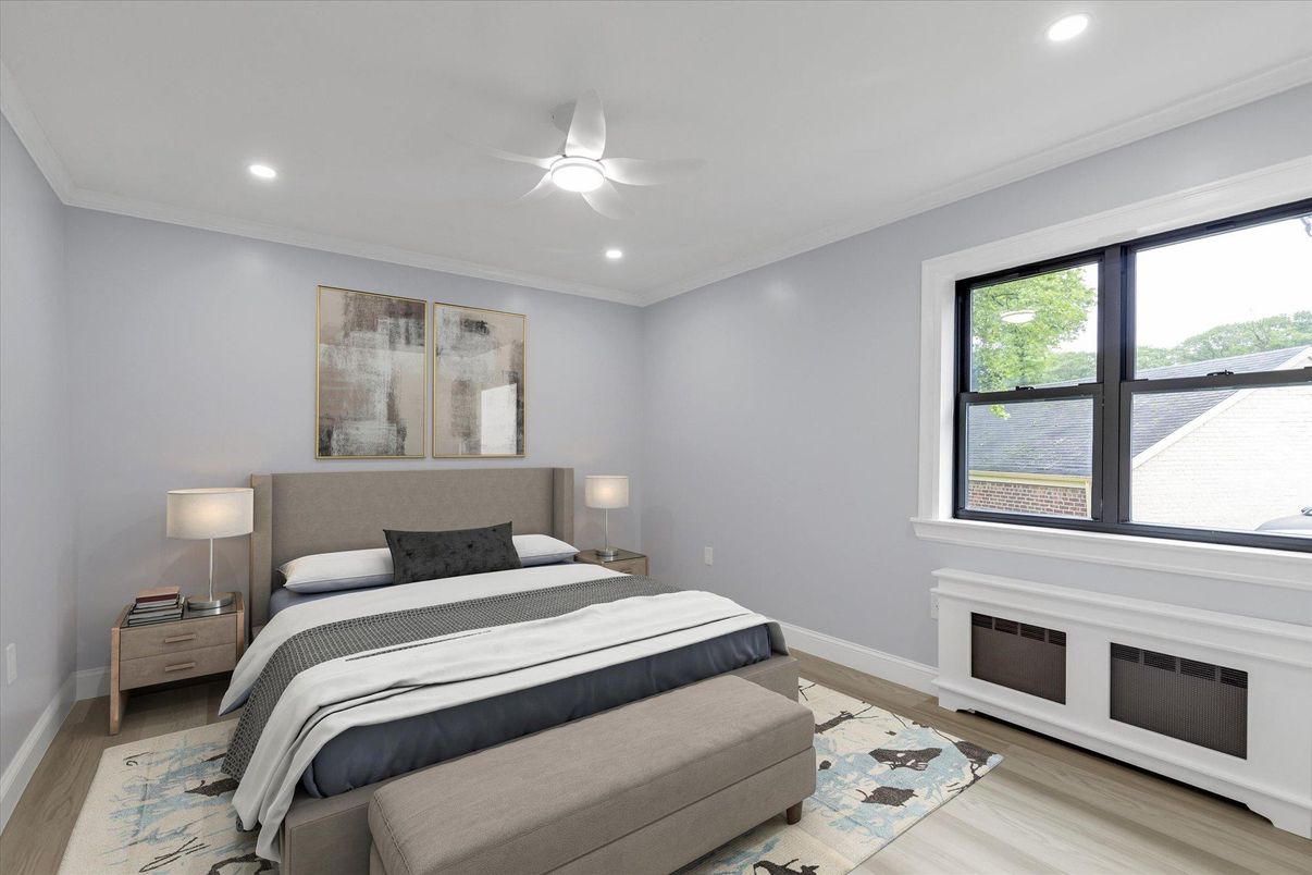 Bedroom, Interior, Recessed Lighting, Wood Texture Flooring