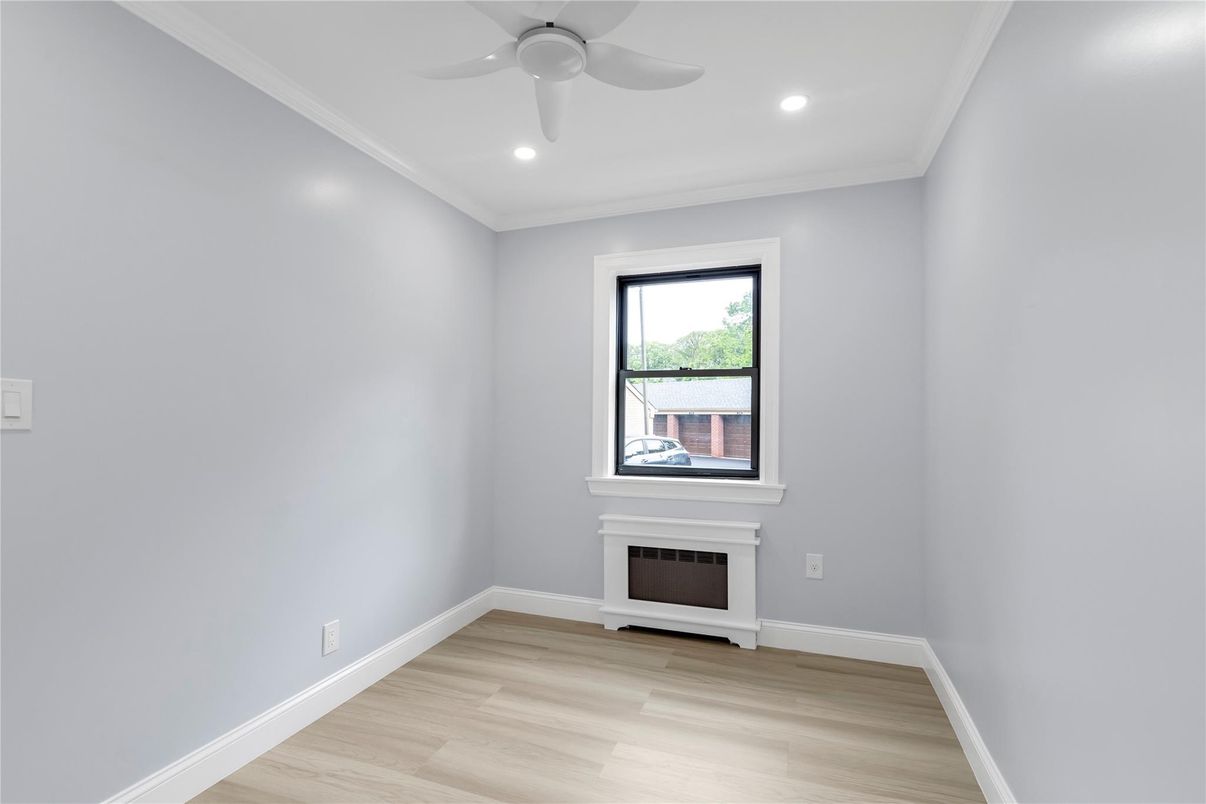 Empty room, Fireplace, Interior, Recessed Lighting, Wood Texture Flooring