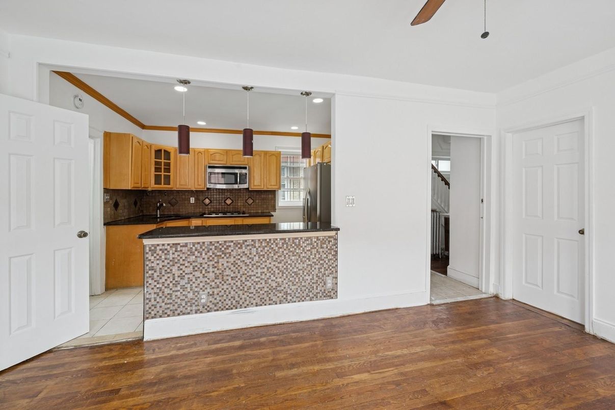 Interior, Kitchen, Pendant Lights, Recessed Lighting, Stainless Steel Appliances, Wood Texture Flooring