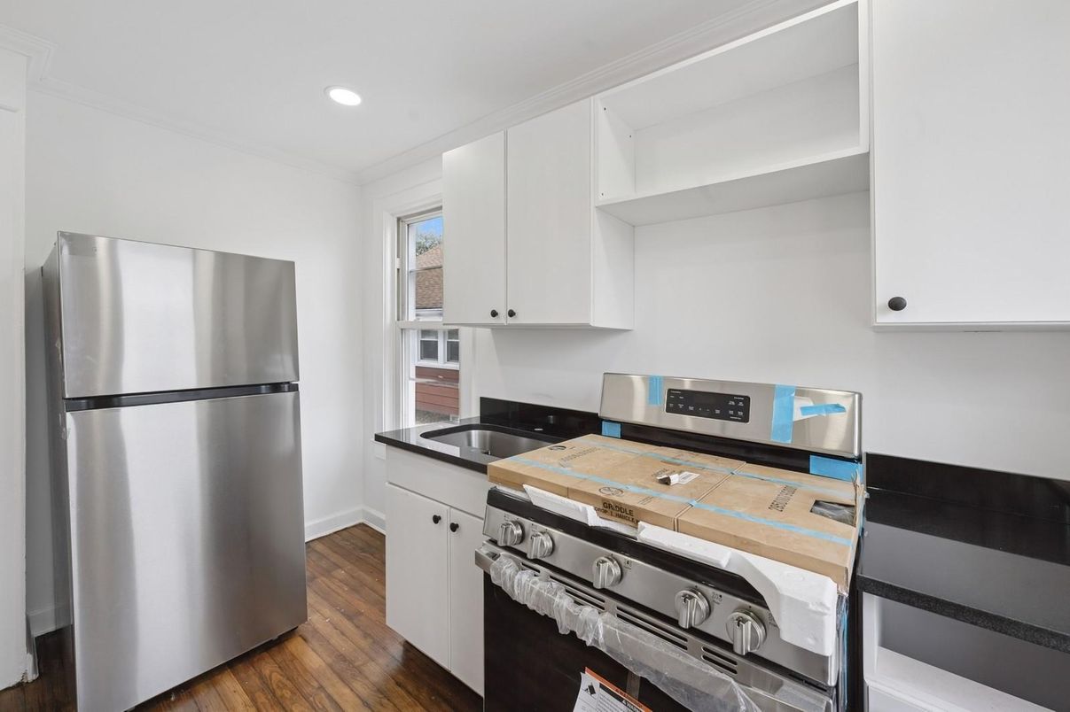 Interior, Kitchen, Recessed Lighting, Stainless Steel Appliances, Wood Texture Flooring