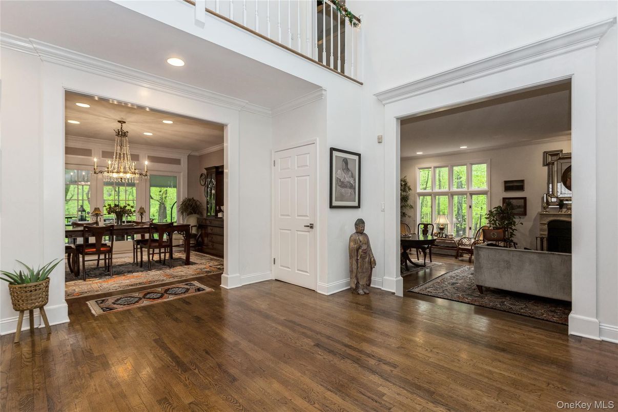 Chandelier, Dining room, Fireplace, Interior, Living room, Recessed Lighting, Wood Texture Flooring