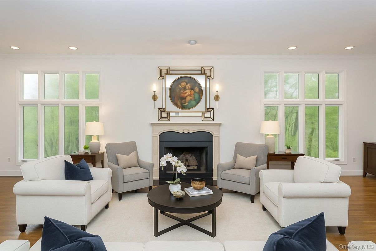 Fireplace, Interior, Living room, Recessed Lighting, Wood Texture Flooring