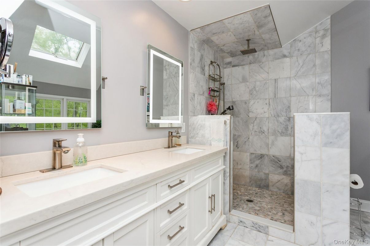 Bathroom, Dual Sink Vanities, Glass Shower, Interior, Marble, Marble Walls