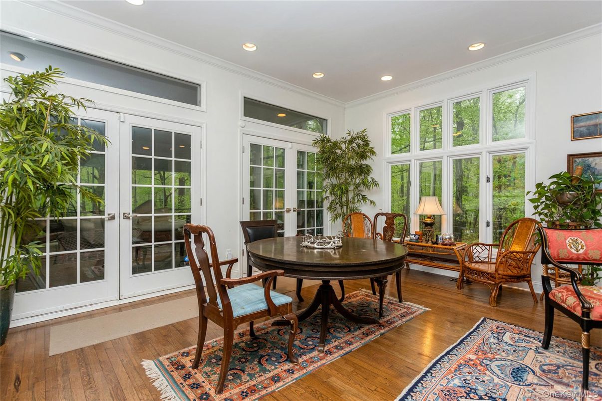 Dining room, Interior, Recessed Lighting, Sun Room, Wood Texture Flooring