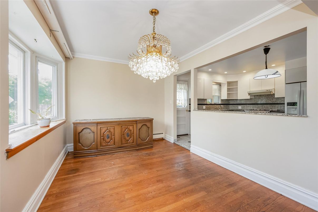 Chandelier, Interior, Kitchen, Recessed Lighting, Stainless Steel Appliances, Wood Texture Flooring