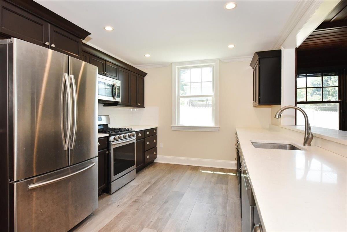 Interior, Kitchen, Recessed Lighting, Stainless Steel Appliances, Wood Texture Flooring